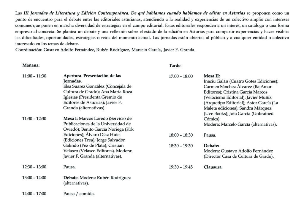 Programa III Jornadas de Literatura y Edición Contemporánea. De qué hablamos cuando hablamos de editar en Asturias